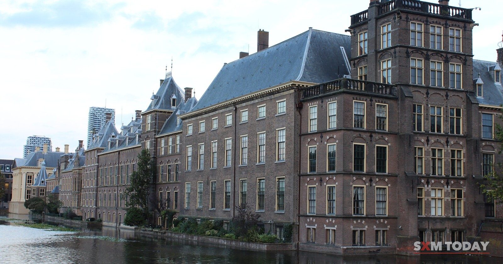 The Binnenhof in The Hague, seat of the Dutch parliament, seen across the Hofvijver pond.