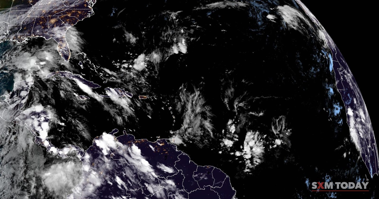 Satellite image of the tropical Atlantic, the northeastern Caribbean included, at 7:15pm AST on Friday 2 October, from NOAA's GOES-19 satellite.