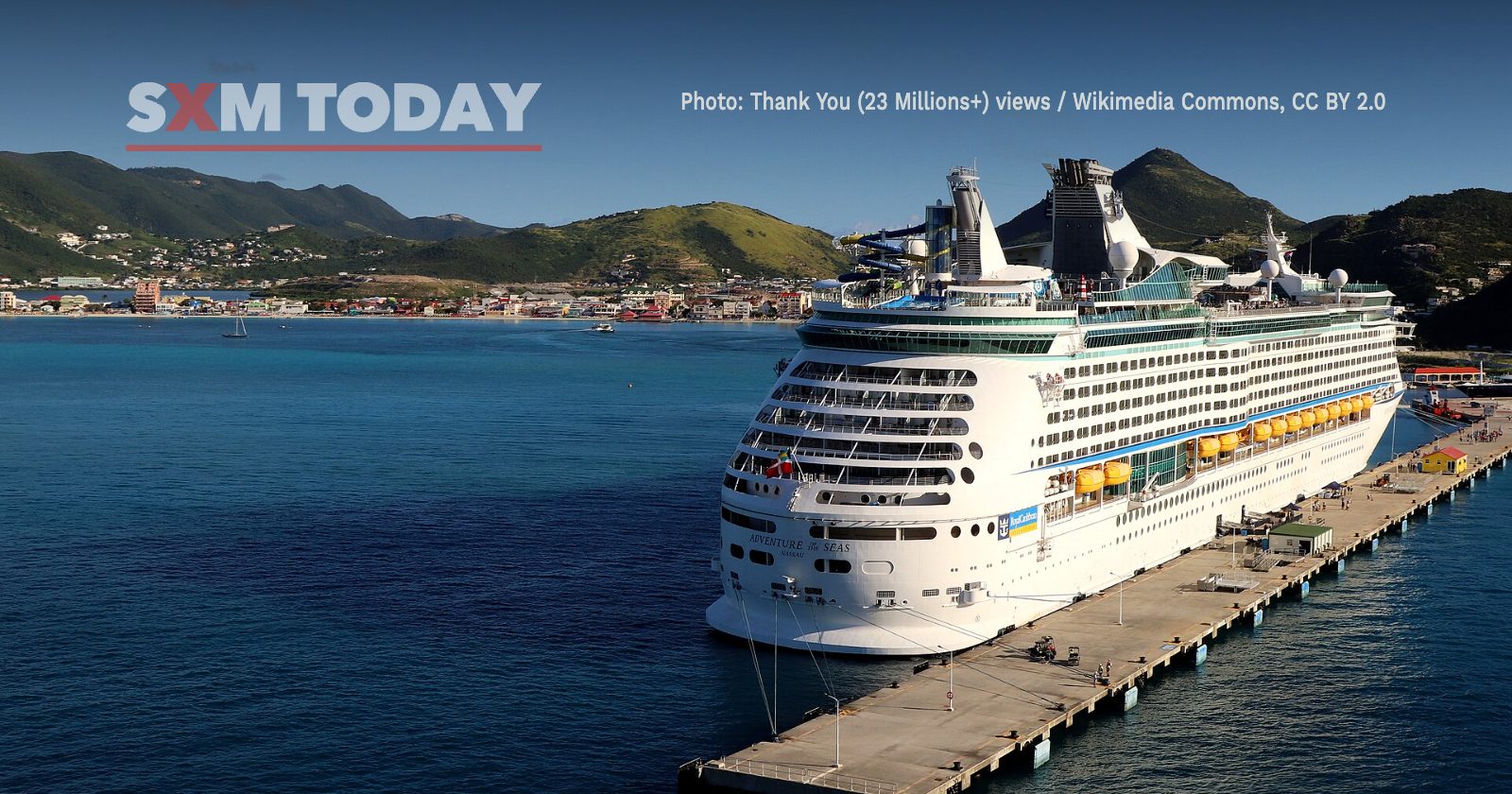 The Royal Caribbean ship Adventure of the Seas docked at the cruise pier in Philipsburg.