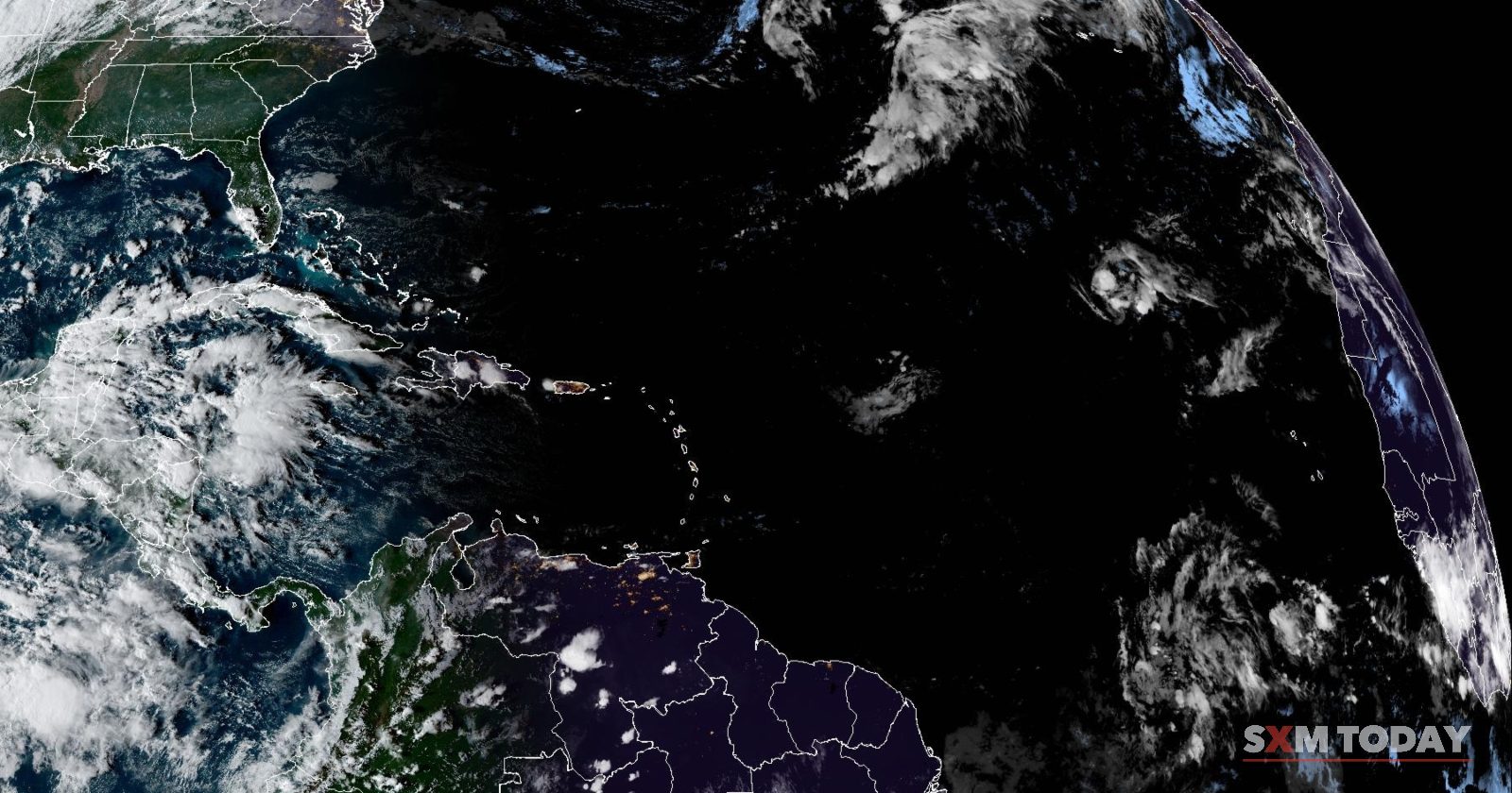 Satellite image of the tropical Atlantic, the northeastern Caribbean included, at 5:57pm AST on Thursday 15 October, from NOAA's GOES-19 satellite.