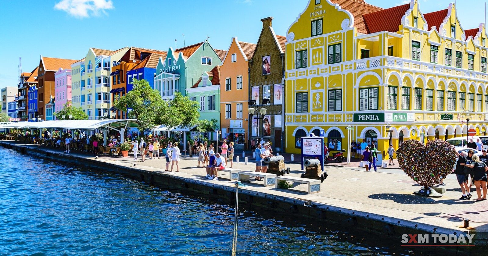The colourful Handelskade waterfront in Willemstad, Curaçao, with people walking along the quay.