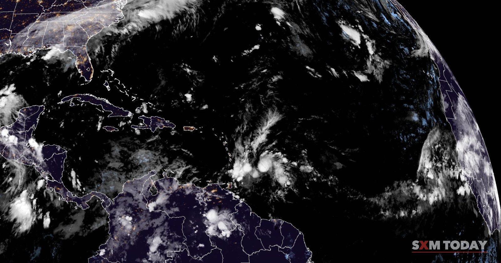 Satellite image of the tropical Atlantic, the northeastern Caribbean included, at 1:44am AST on Monday 5 October, from NOAA's GOES-19 satellite.