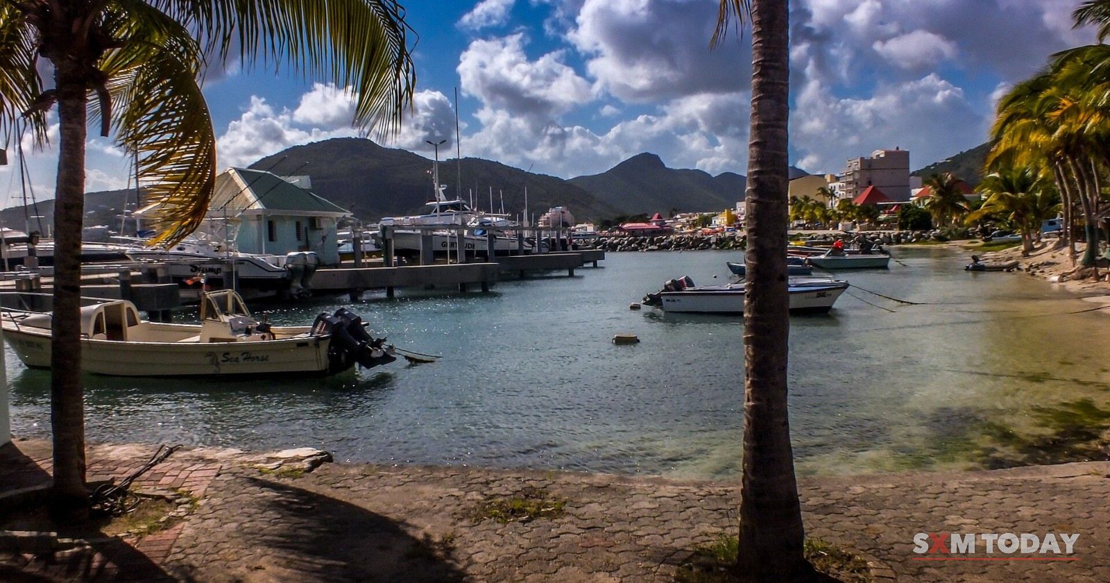 Small boats moored in Philipsburg harbour under palm trees, with the town and hills beyond.