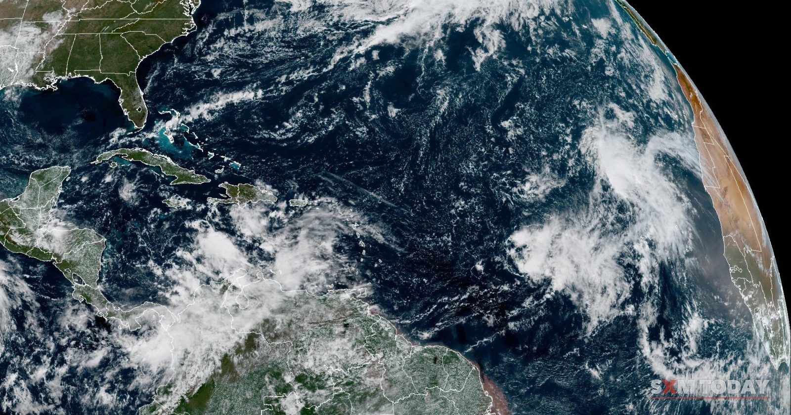 Satellite image of the tropical Atlantic, the northeastern Caribbean included, at 11:56am AST on Tuesday 13 October, from NOAA's GOES-19 satellite.