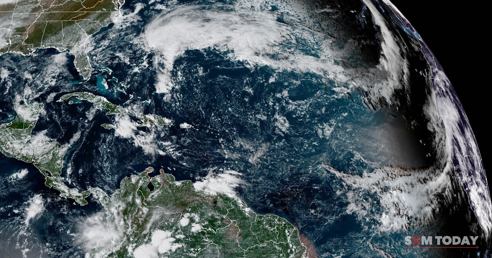 Satellite image of the tropical Atlantic, the northeastern Caribbean included, at 2:55pm AST on Thursday 29 October, from NOAA's GOES-19 satellite.