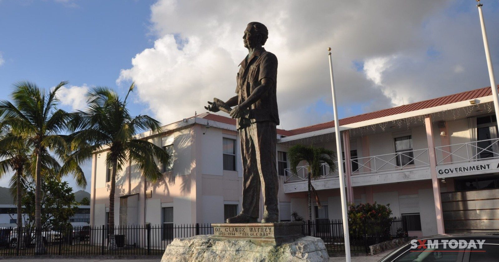 The bronze statue of Dr. Claude Wathey outside the Government Administration Building in Philipsburg.