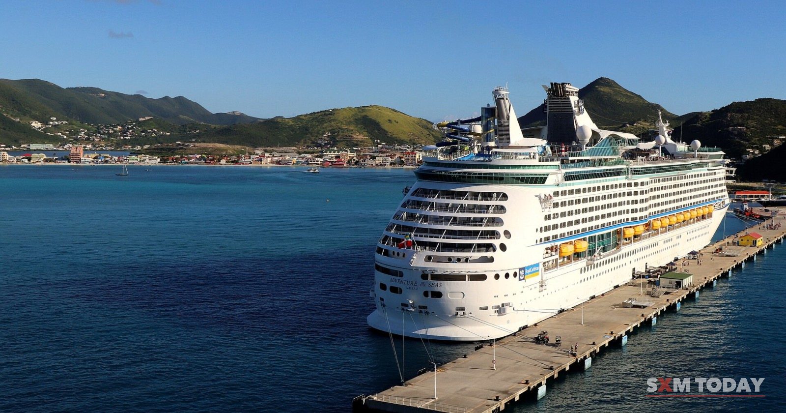 The Royal Caribbean ship Adventure of the Seas docked at the cruise pier in Philipsburg.