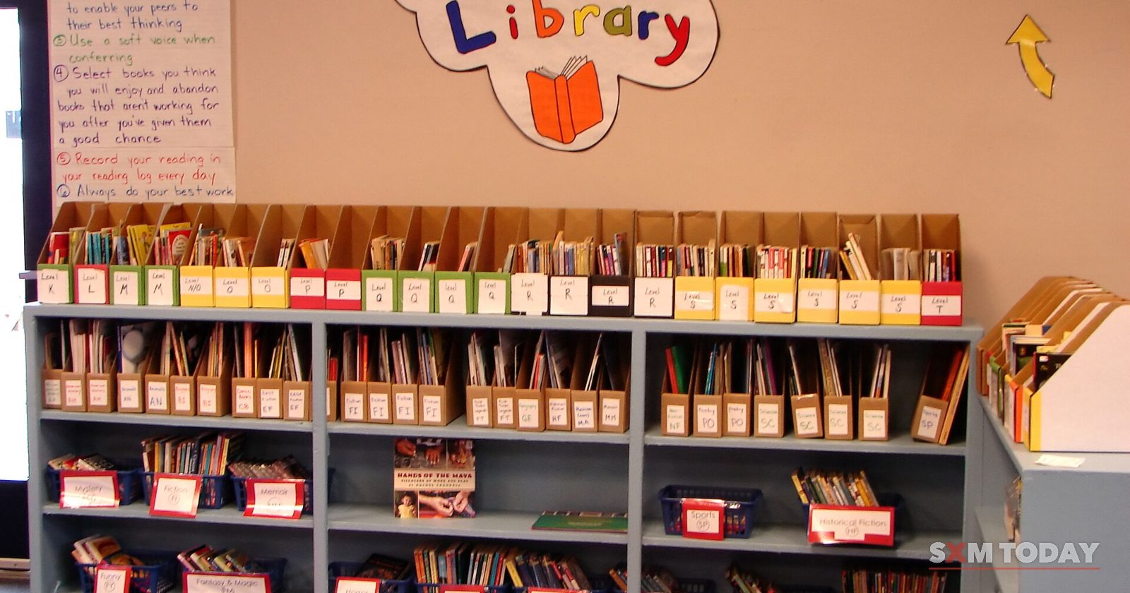 Low shelves of labelled book tubs line a classroom wall under a hand-lettered 'Classroom Library' sign.