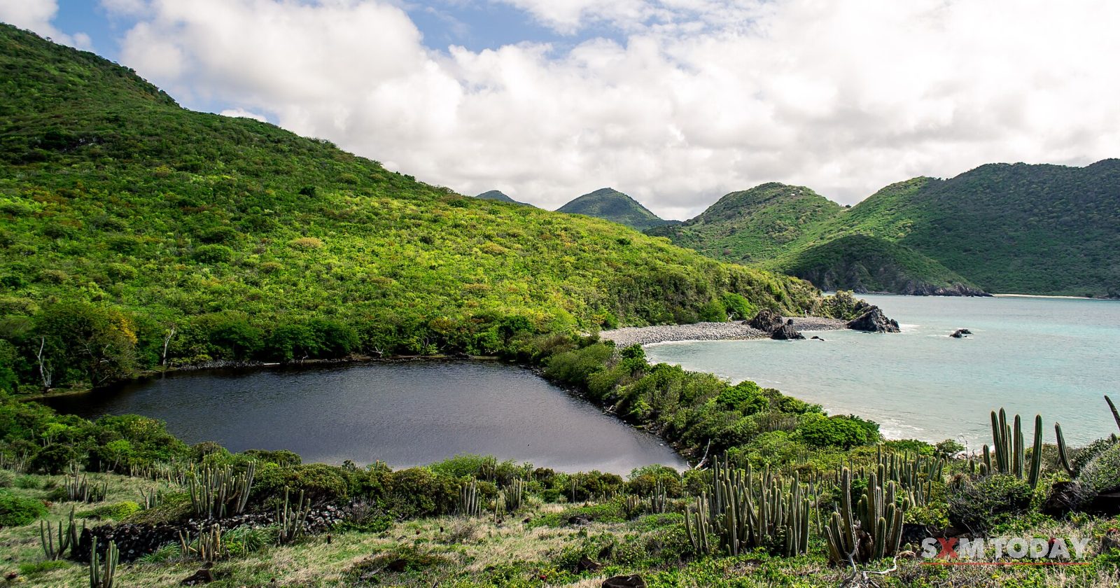 Green hills and cactus-covered slopes surround a dark salt pond beside a turquoise bay.