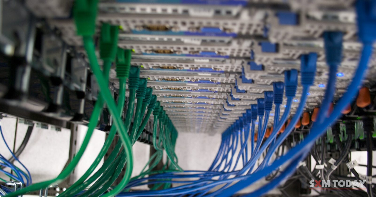 Bundles of blue and green network cables plugged into rows of servers in a data centre rack.
