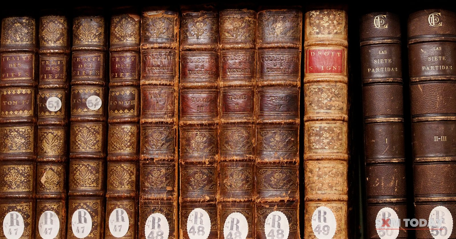 A row of old leather-bound books with gilt spines and numbered labels on a wooden shelf.