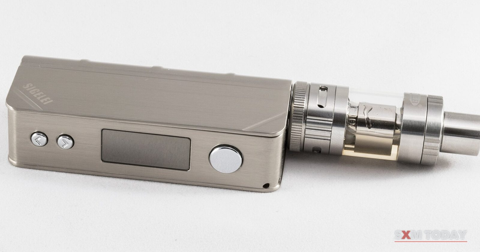 A silver box-style electronic cigarette fitted with a clear vaporiser tank, on a white background.