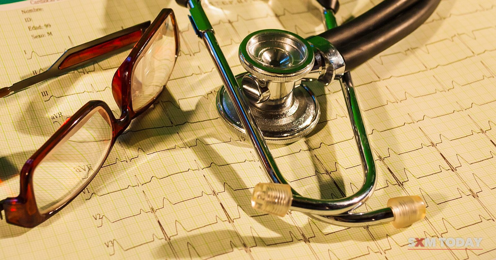 A stethoscope and a pair of glasses lying on printed electrocardiogram paper.