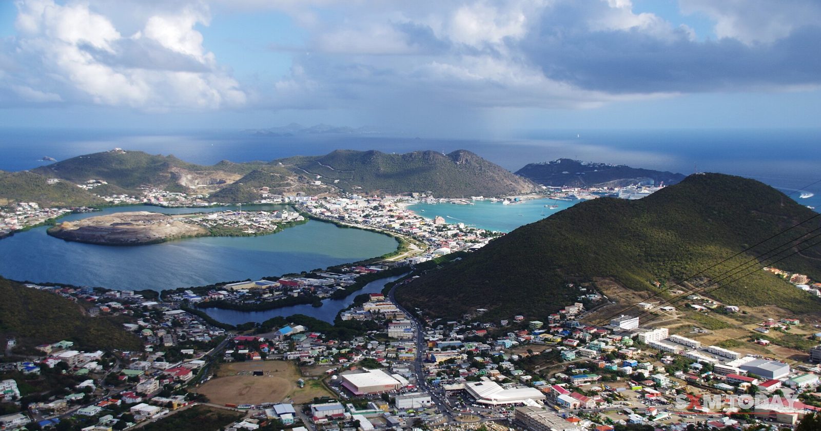 High view over a large pond ringed by houses, with a town, a bay and green hills beyond under billowing cloud.
