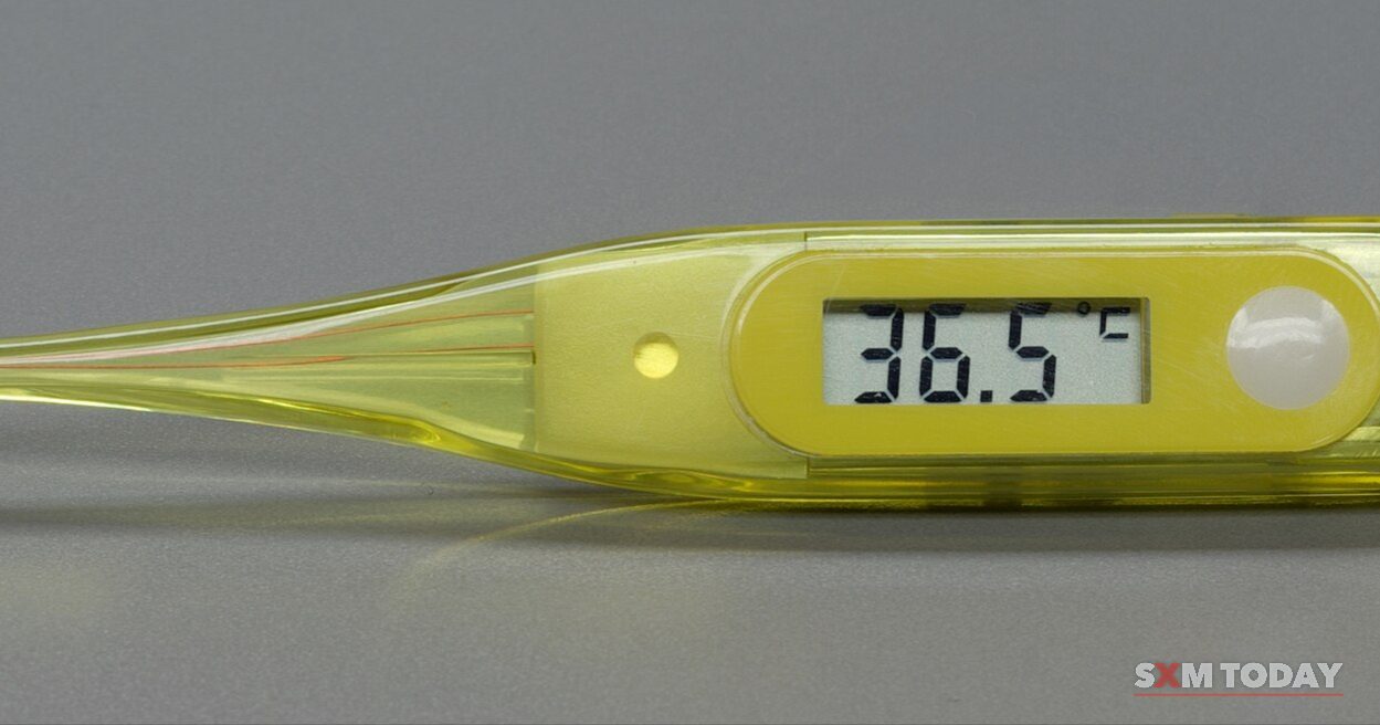 A yellow digital thermometer reading 36.5 degrees on a grey background.