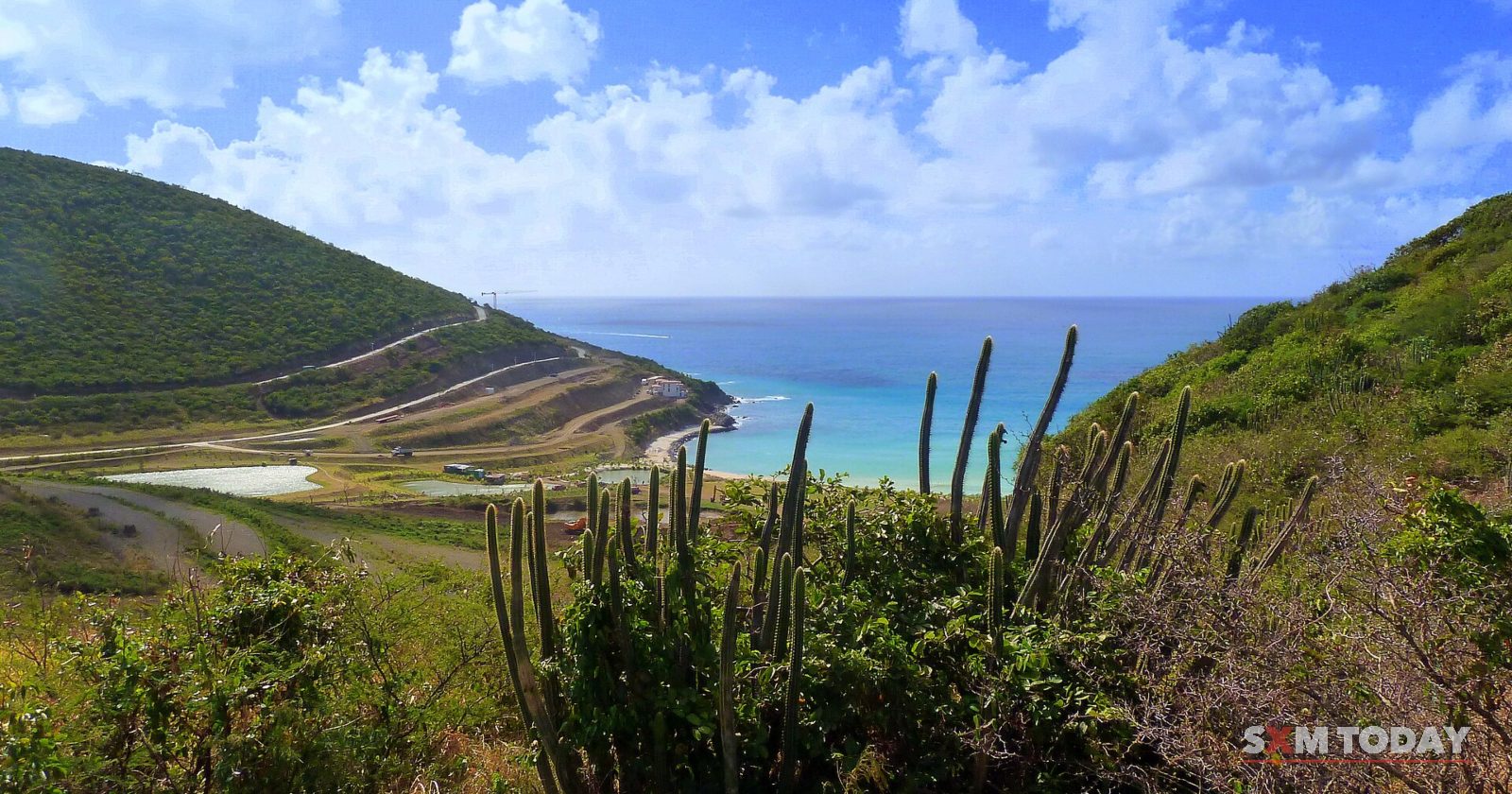Tall cactus and scrub fill the foreground of a green valley that slopes down to a turquoise bay under a blue sky with white clouds.