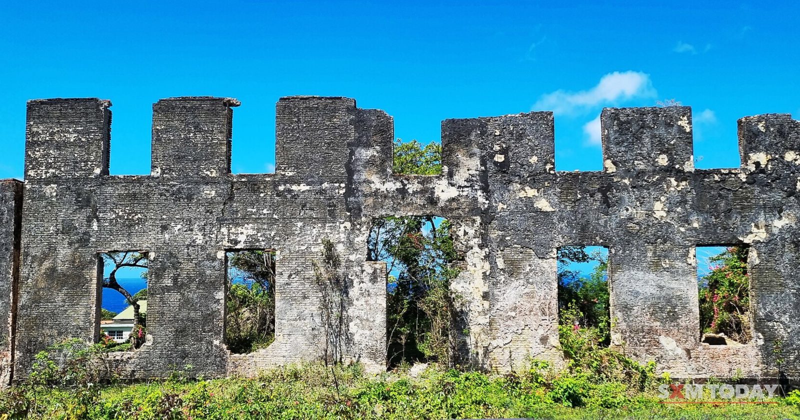 The crenellated stone front wall of a ruined house with empty window openings, overgrown with plants.