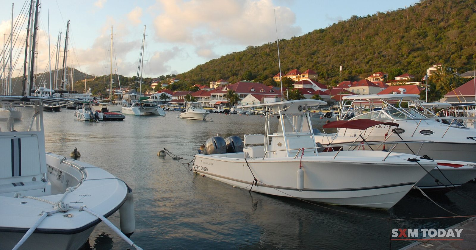 White motor boats moored in a calm marina with sailboat masts behind and a green hillside dotted with red roofs.