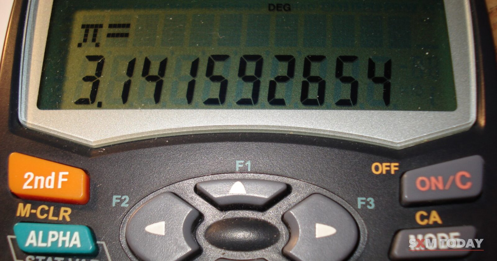 Close-up of a scientific calculator whose display shows the digits of pi.
