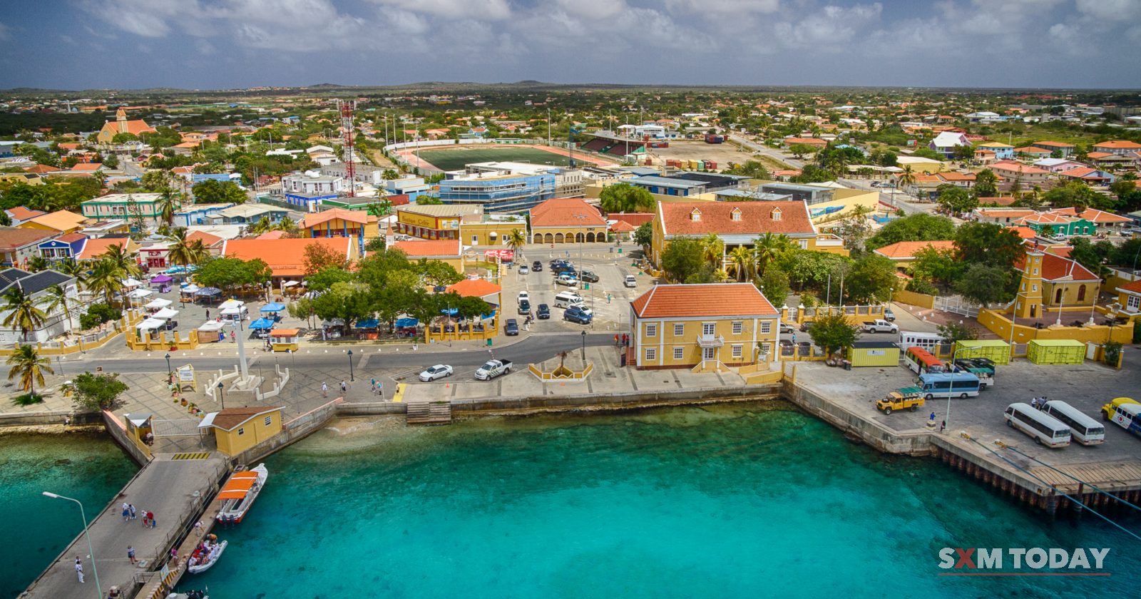 An aerial view of a low town of coloured roofs behind a waterfront road and a pier over turquoise water.