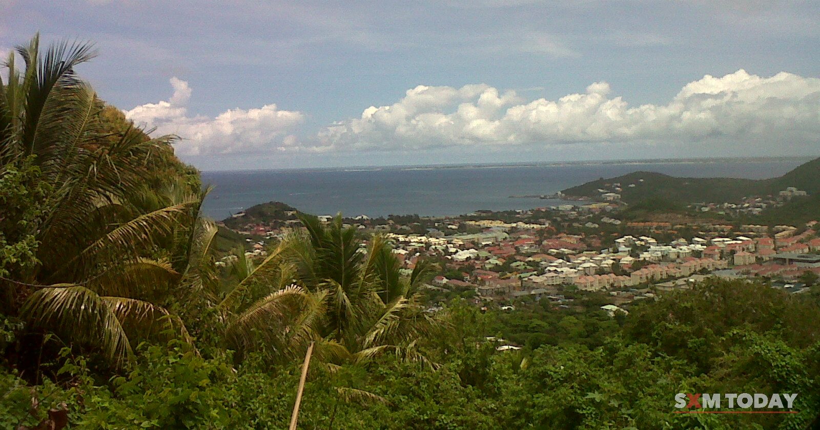 Palm fronds and bush frame a view over rooftops to a bay and the open sea under scattered clouds.