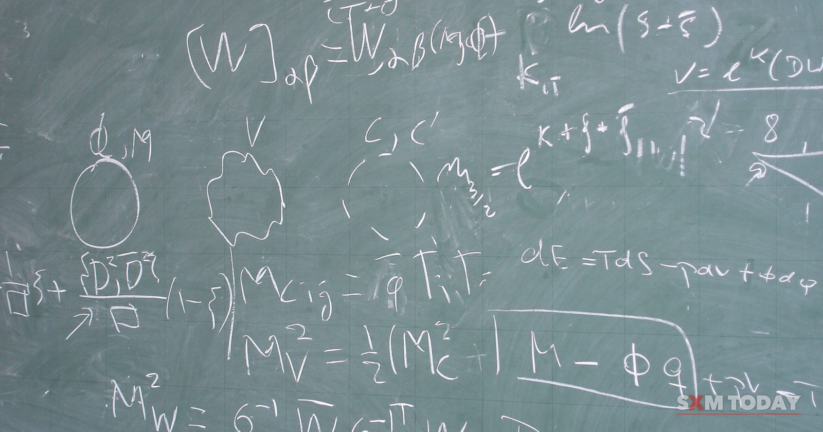 A green chalkboard covered in handwritten equations and small diagrams in white chalk.
