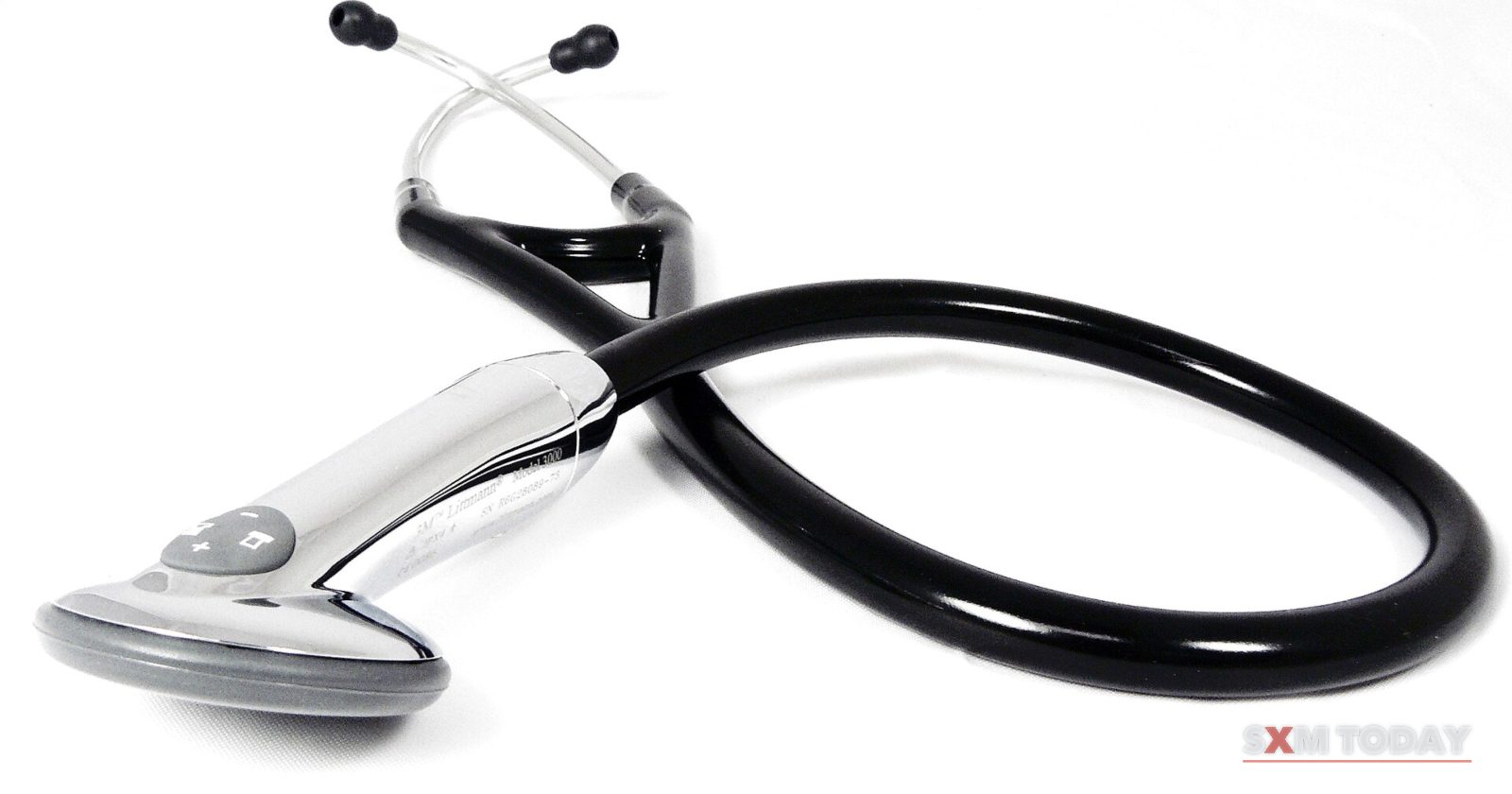 An electronic stethoscope with black tubing on a white background.